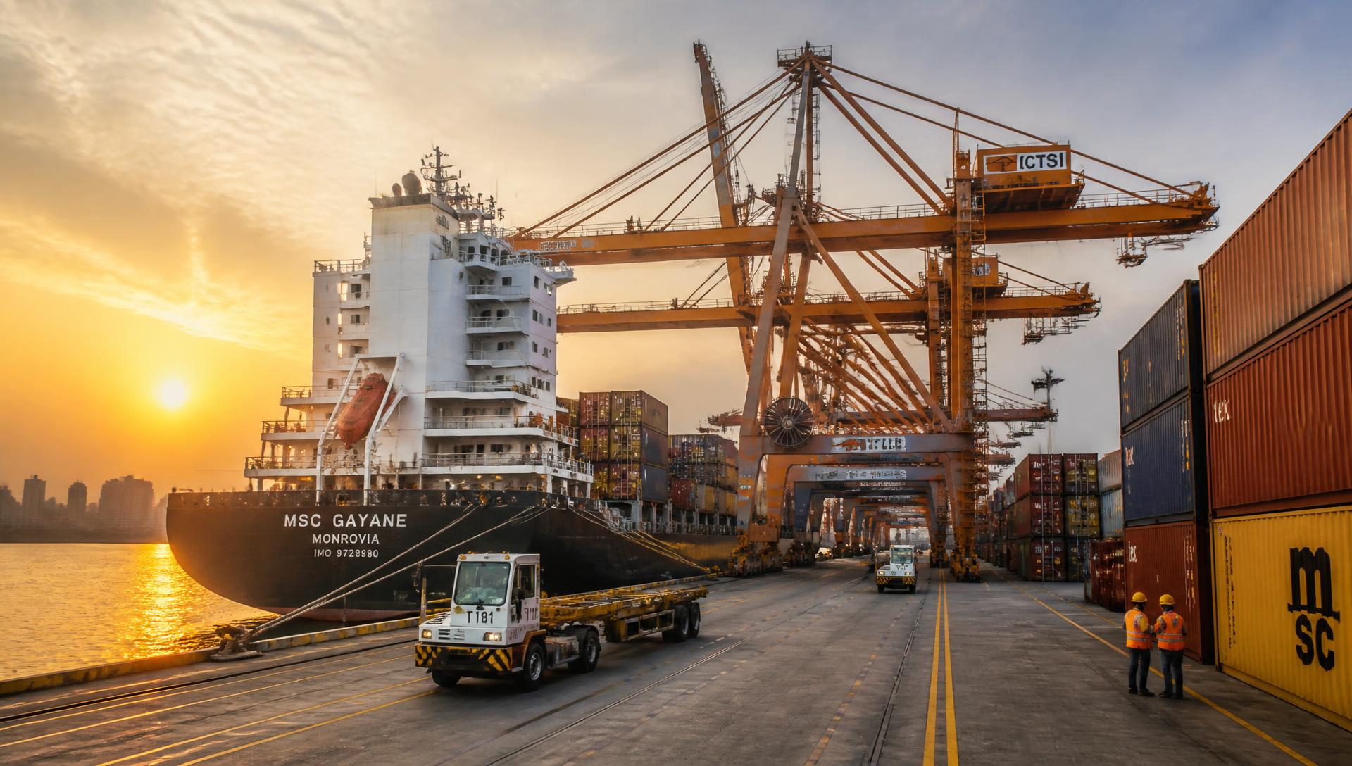 Container ship being loaded at a port terminal at sunset